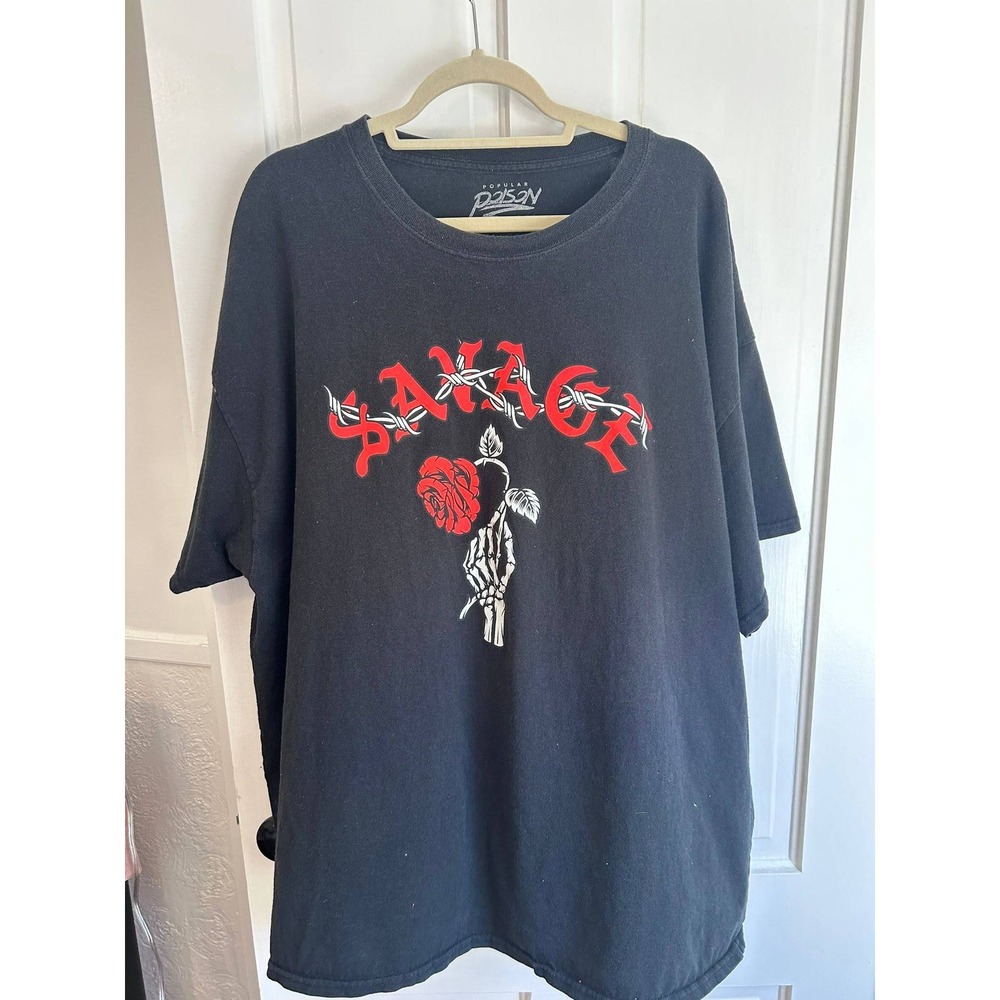 Popular Poison T-Shirt Mens 3XL Black Good Savage Skeleton Rose Barbed Wire